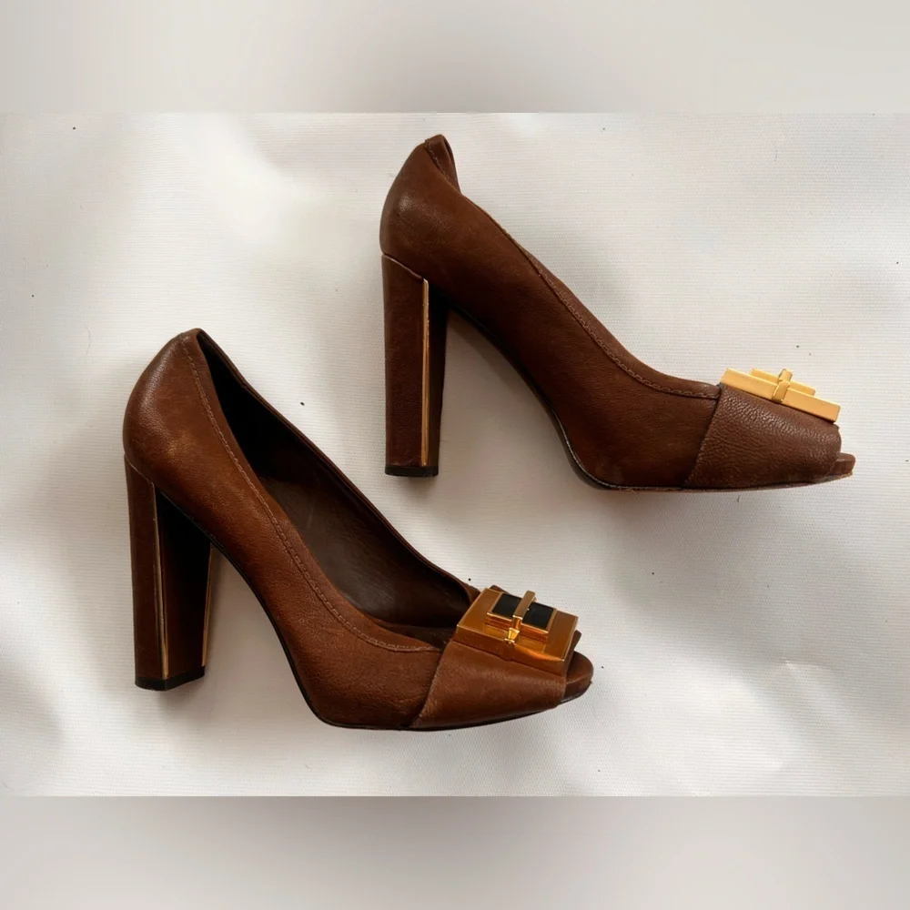 Tory Burch Brown Heels with Gold Accents